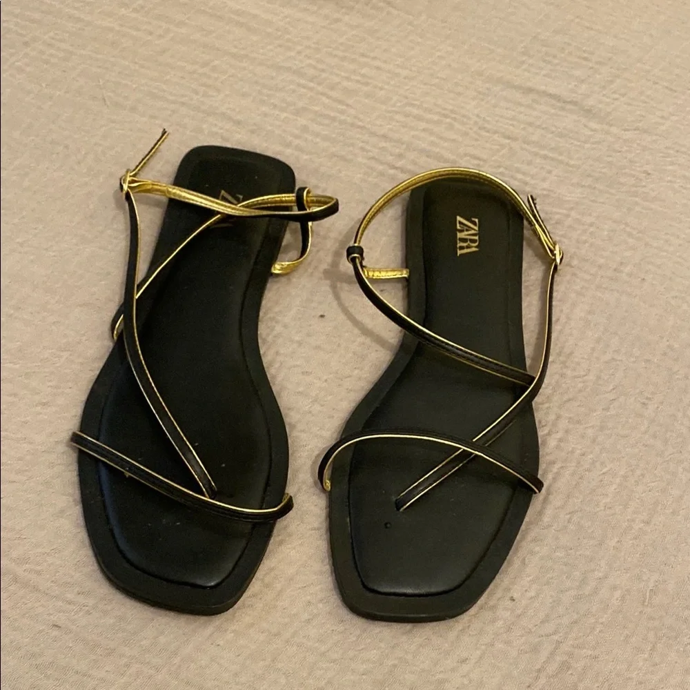 Zara Black and Gold Minimalist Sandals. Size 37 - Picture 2 of 5